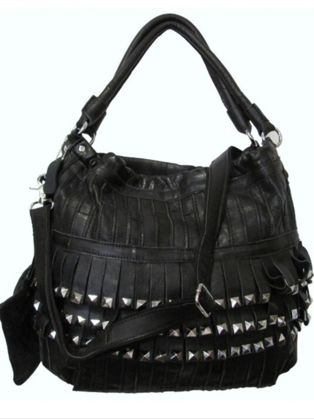 Luxe Lambskin Leather Silver Studded Fringe Shoulder Bag w/Matching Coin Pouch - Picture 11 of 15